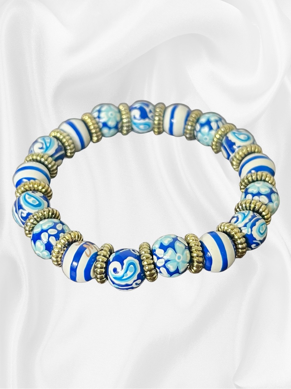 EUC Angela Moore Vintage Blue Coastal Hand-Painted Stretch Bracelet - Picture 10 of 12